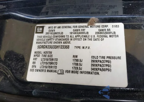 2003 Hummer H2 z USA, uszkodzony, nr VIN 5GRGN23U33H123368